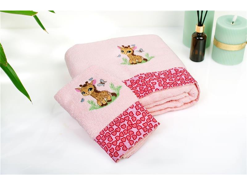 Πετσέτα Με Κέντημα Σετ 2 τεμ bebe Giraffe 171 30X50,70X140 Pink 100% Cotton