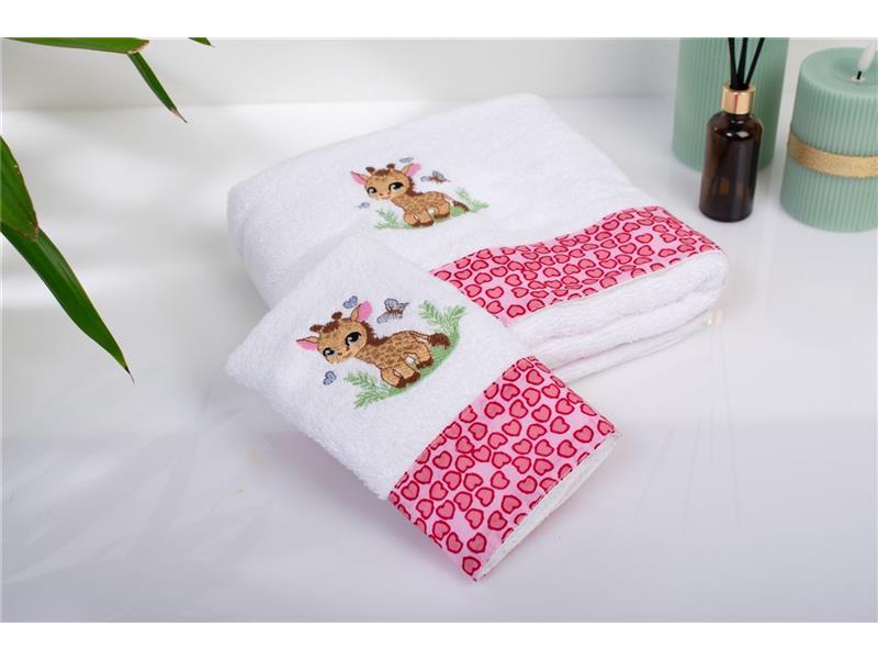 Πετσέτα Με Κέντημα Σετ 2 τεμ bebe Giraffe 172 30X50,70X140 White-Pink 100% Cotton
