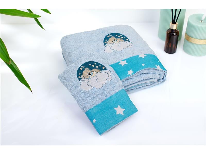 Πετσέτα Με Κέντημα Σετ 2 τεμ bebe Cloudy Bear 175 30X50,70X140 Sky Blue 100% Cotton