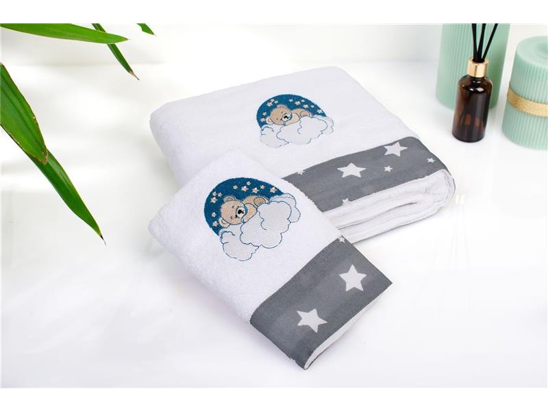 Πετσέτα Με Κέντημα Σετ 2 τεμ bebe Cloudy Bear 176 30X50,70X140 White-Grey 100% Cotton