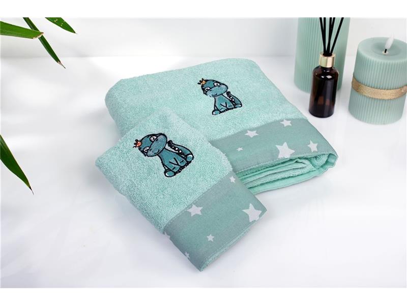 Πετσέτα Με Κέντημα Σετ 2 τεμ bebe Dinosaur 182 30X50,70X140 Mint 100% Cotton