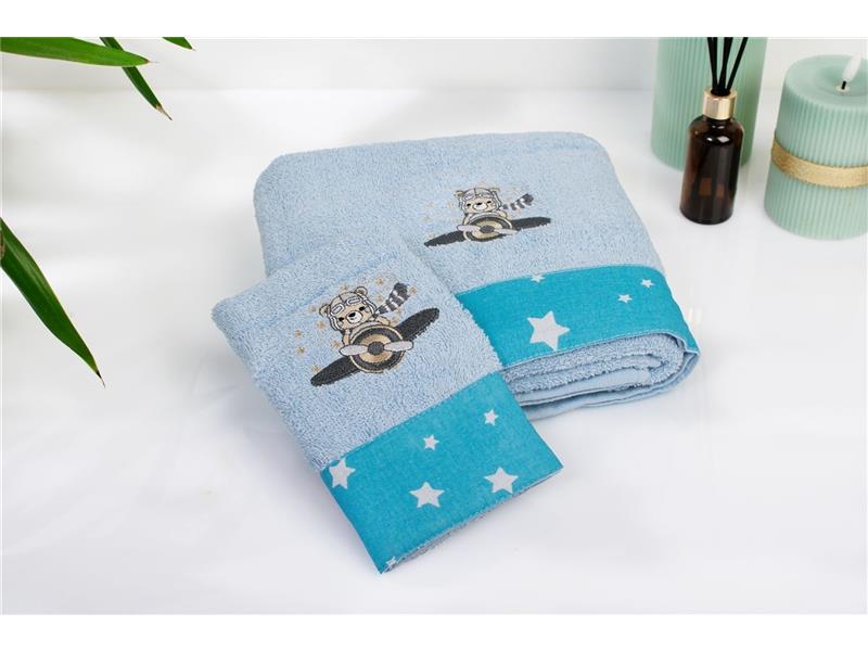 Πετσέτα Με Κέντημα Σετ 2 τεμ bebe Aviator 183 30X50,70X140 Sky Blue 100% Cotton