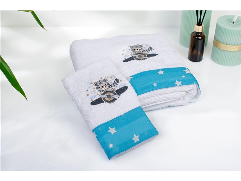 Πετσέτα Με Κέντημα Σετ 2 τεμ bebe Aviator 184 30X50,70X140 White-Sky Blue 100% Cotton