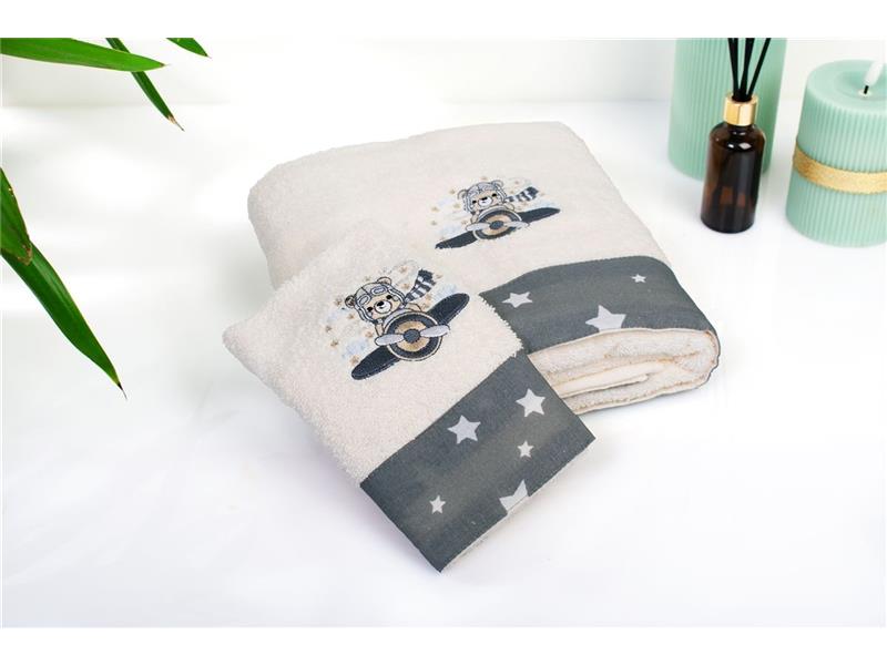 Πετσέτα Με Κέντημα Σετ 2 τεμ bebe Aviator 185 30X50,70X140 Ecru-Grey 100% Cotton