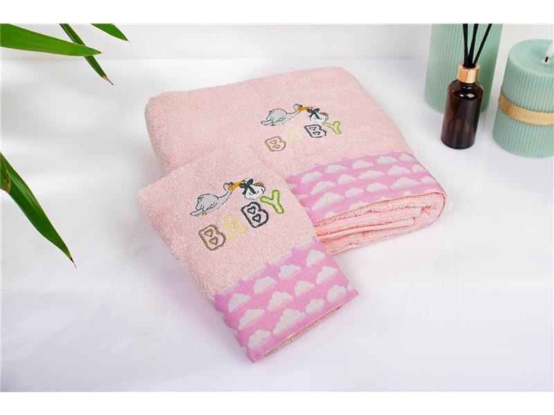Πετσέτα Με Κέντημα Σετ 2 τεμ bebe Stork 192 30X50,70X140 Pink 100% Cotton