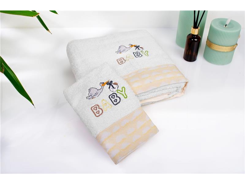 Πετσέτα Με Κέντημα Σετ 2 τεμ bebe Stork 193 30X50,70X140 White-Yellow 100% Cotton