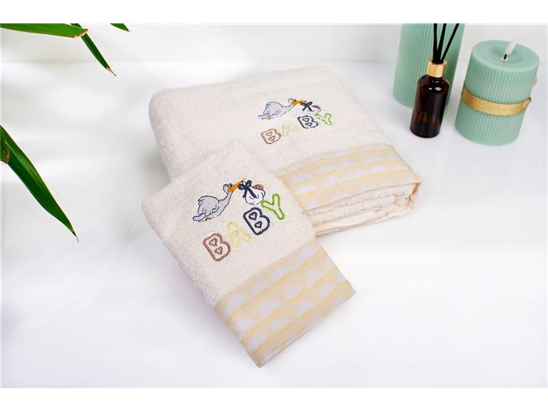Πετσέτα Με Κέντημα Σετ 2 τεμ bebe Stork 194 30X50,70X140 Ecru-Yellow 100% Cotton