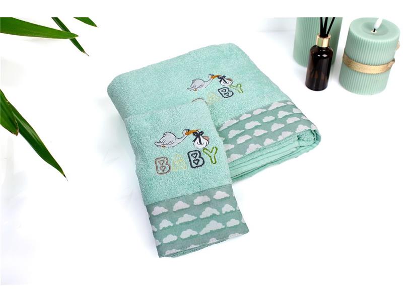 Πετσέτα Με Κέντημα Σετ 2 τεμ bebe Stork 195 30X50,70X140 Mint 100% Cotton