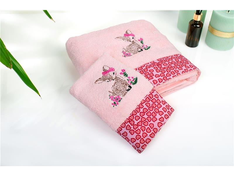 Πετσέτα Με Κέντημα Σετ 2 τεμ bebe Deer 196 30X50,70X140 Pink 100% Cotton