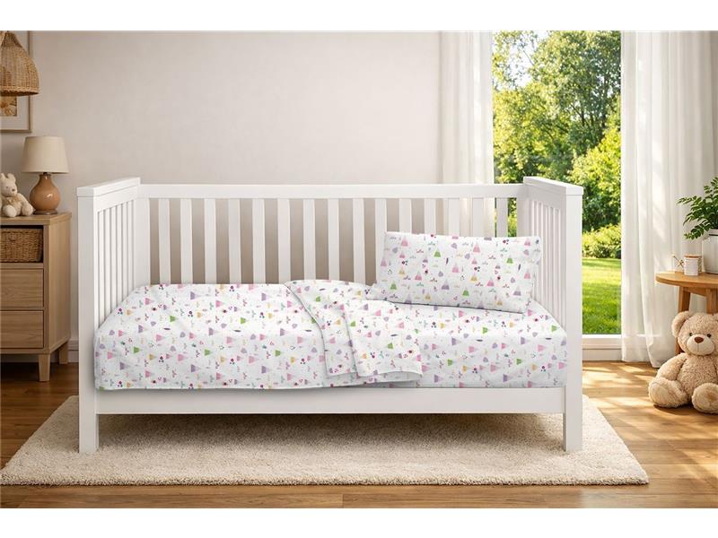 Σεντόνια Εμπριμέ Σετ 3 τεμ bebe Whimsical Mountainside 587 120X160 White-Pastel Lilac 100% Cotton