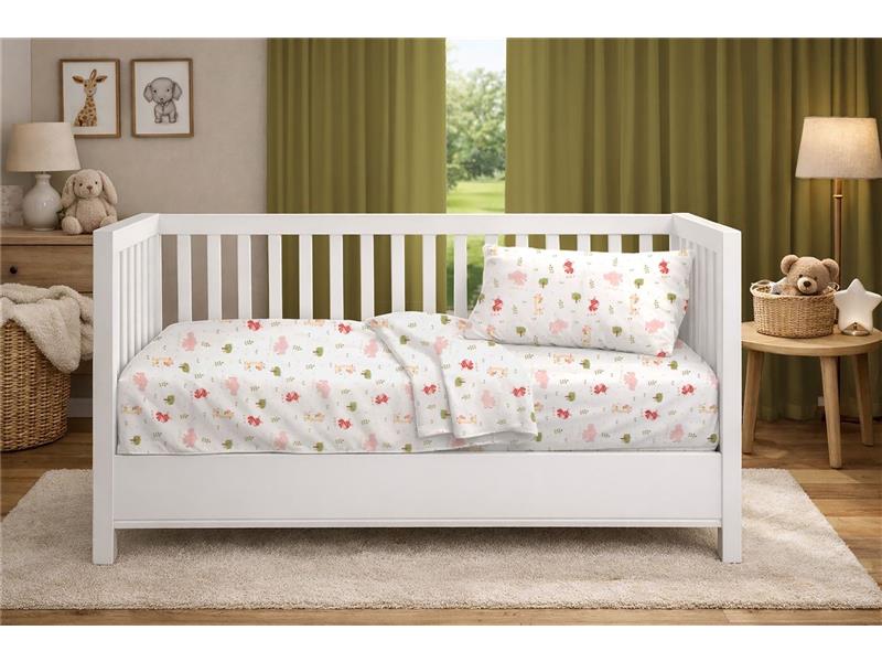 Σεντόνια Εμπριμέ Σετ 3 τεμ bebe Happy Safari 712 120X160 White-Pink 100% Cotton