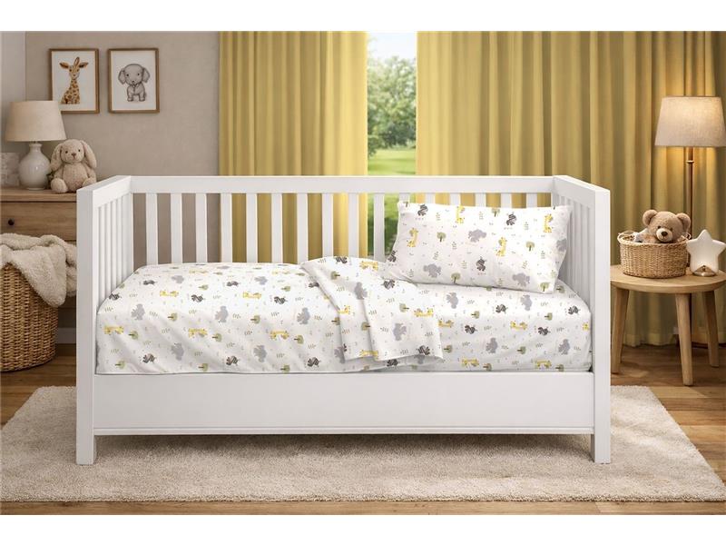 Σεντόνια Εμπριμέ Σετ 3 τεμ bebe Happy Safari 713 120X160 White-Grey 100% Cotton