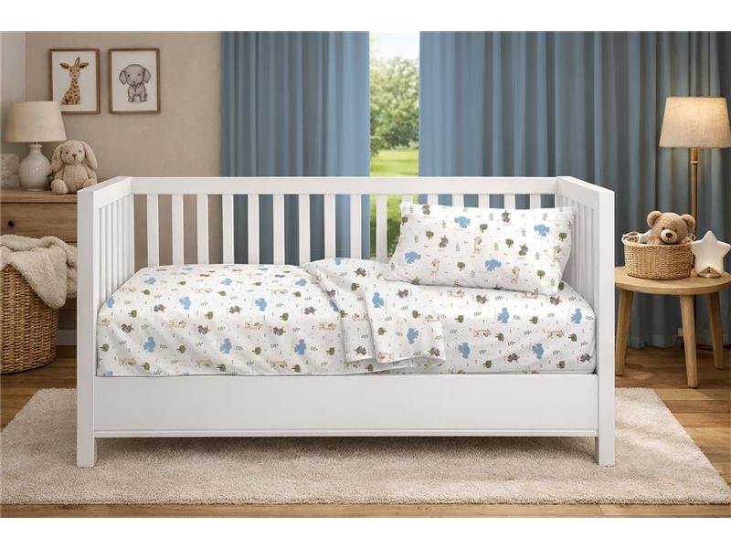 Κατωσέντονο Με Λάστιχο bebe Happy Safari 711 0,70X1,40X0,15 White-Sky Blue 100% Cotton