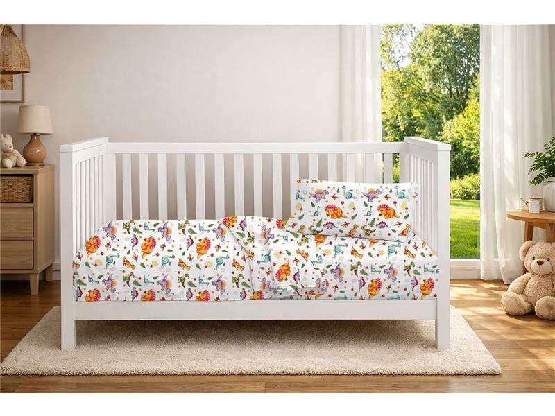 Σεντόνια Εμπριμέ Σετ 3 τεμ bebe Dinosaur 520 120x160 White-Orange 100% Cotton