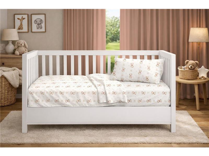 Σεντόνια Εμπριμέ Σετ 3 τεμ bebe Newborn Bear 716 120x160 White-Beige 100% Cotton