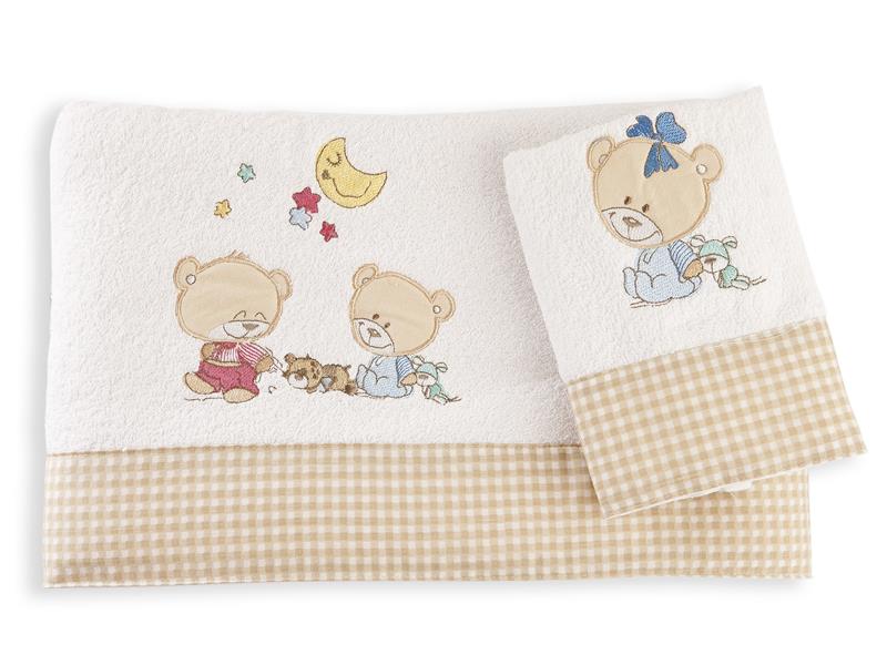 ΠΕΤΣΕΤΑ ΣΕΤ 2 τεμ ΒΡΕΦ Cotton 100% 30X50,70X140 HAPPY BEARS 21 ΛΕΥΚΟ/ΜΠΕΖ