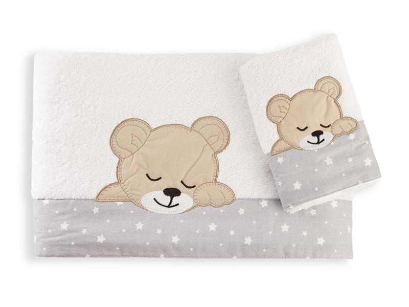 ΠΕΤΣΕΤΑ ΣΕΤ 2 τεμ ΒΡΕΦ Cotton 100% 30X50,70X140 SLEEPING BEARS CUB 10 ΛΕΥΚΟ/ΓΚΡΙ