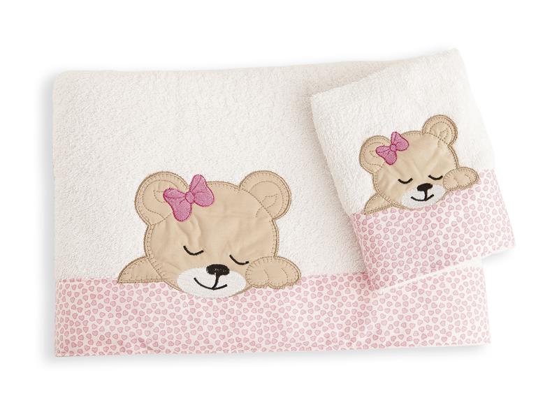 ΠΕΤΣΕΤΑ ΣΕΤ 2 τεμ ΒΡΕΦ Cotton 100% 30X50,70X140 SLEEPING BEARS CUB 12 ΛΕΥΚΟ/ΡΟΖ