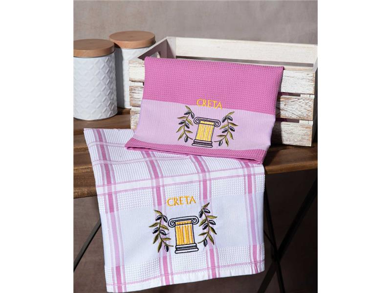 Σετ 2 τεμαχίων ποτηρόπανα (50cm x 70cm) ρόζ κίονας CRETA