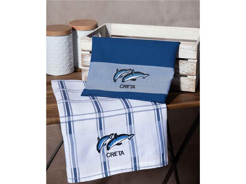 Σετ 2 τεμαχίων ποτηρόπανα (50cm x 70cm) μπλέ δελφίνι CRETA