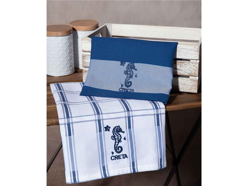 Σετ 2 τεμαχίων ποτηρόπανα (50cm x 70cm) μπλέ ιππόκαμπος CRETA