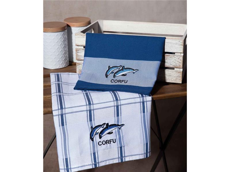 Σετ 2 τεμαχίων ποτηρόπανα (50cm x 70cm) μπλέ δελφίνι CORFU