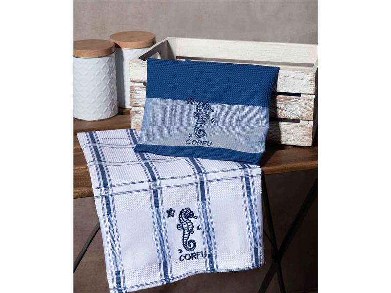 Σετ 2 τεμαχίων ποτηρόπανα (50cm x 70cm) μπλέ ιππόκαμπος CORFU