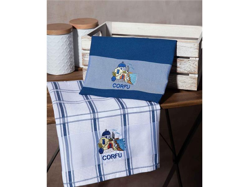 Σετ 2 τεμαχίων ποτηρόπανα (50cm x 70cm) μπλέ εκκλησία CORFU
