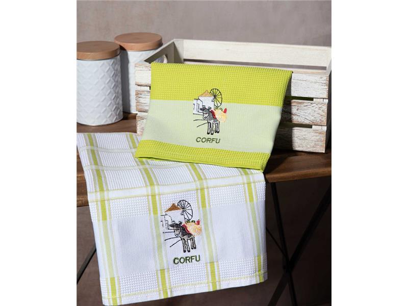 Σετ 2 τεμαχίων ποτηρόπανα (50cm x 70cm) ανεμόμυλος πράσινο CORFU