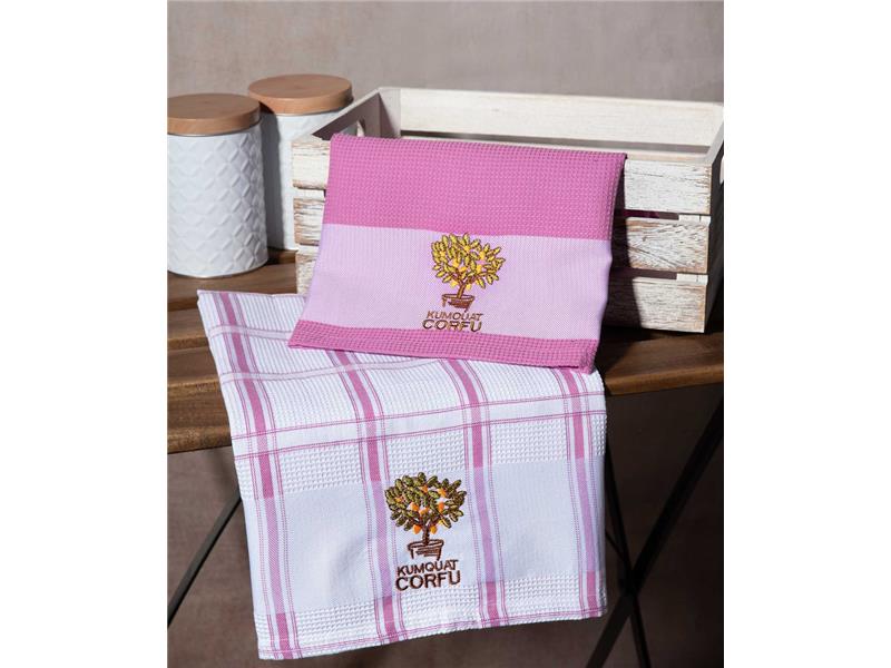 Σετ 2 τεμαχίων ποτηρόπανα (50cm x 70cm) ρόζ κουμ κουάτ CORFU