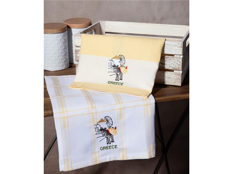 Σετ 2 τεμαχίων ποτηρόπανα (50cm x 70cm) ανεμόμυλος κίτρινο GREECE