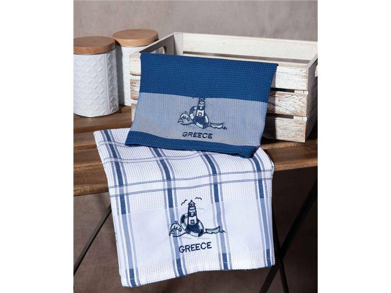 Σετ 2 τεμαχίων ποτηρόπανα (50cm x 70cm) μπλέ φάρος GREECE