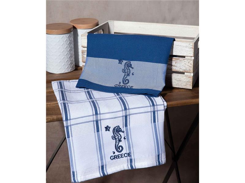 Σετ 2 τεμαχίων ποτηρόπανα (50cm x 70cm) μπλέ ιππόκαμπος GREECE