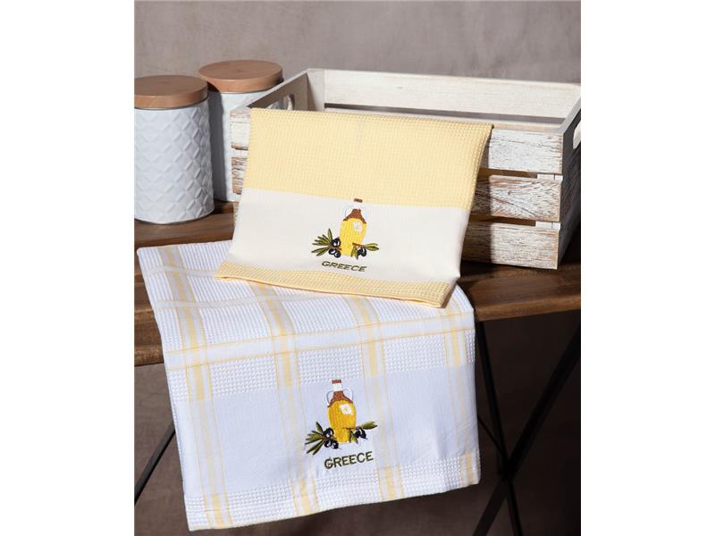 Σετ 2 τεμαχίων ποτηρόπανα (50cm x 70cm) μπουκάλι κίτρινο GREECE