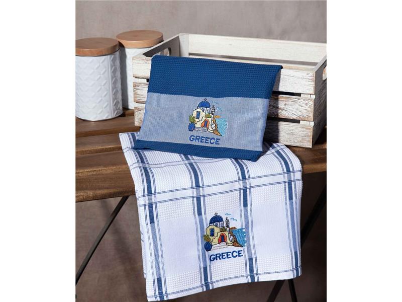 Σετ 2 τεμαχίων ποτηρόπανα (50cm x 70cm) μπλέ εκκλησία GREECE