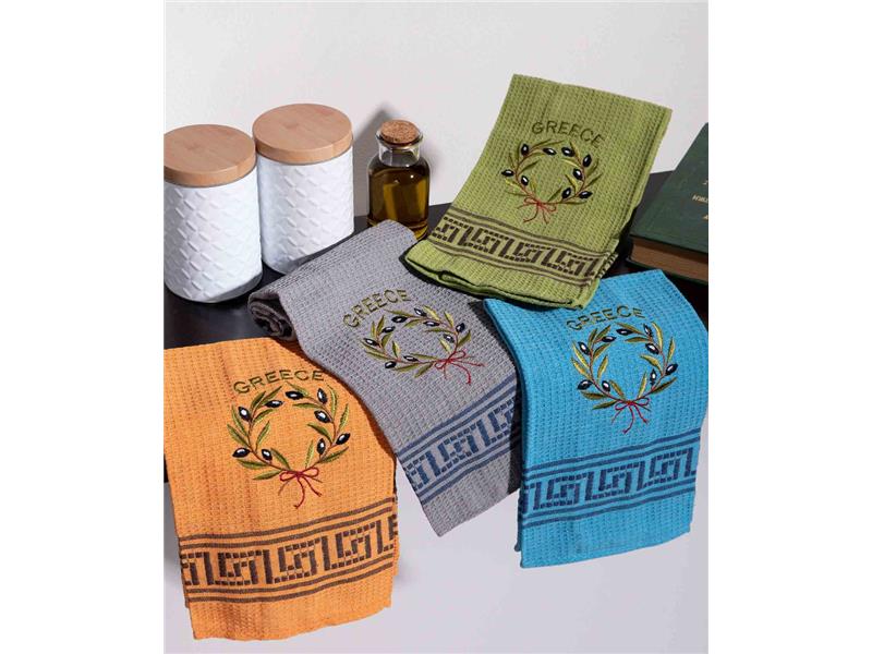 Σετ 12 τεμαχίων ποτηρόπανα (45cm x 65cm) στεφάνι ελιάς χρωματιστό GREECE
