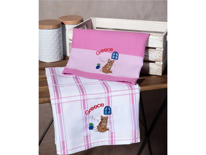 Σετ 2 τεμαχίων ποτηρόπανα (50cm x 70cm) ρόζ γάτα GREECE