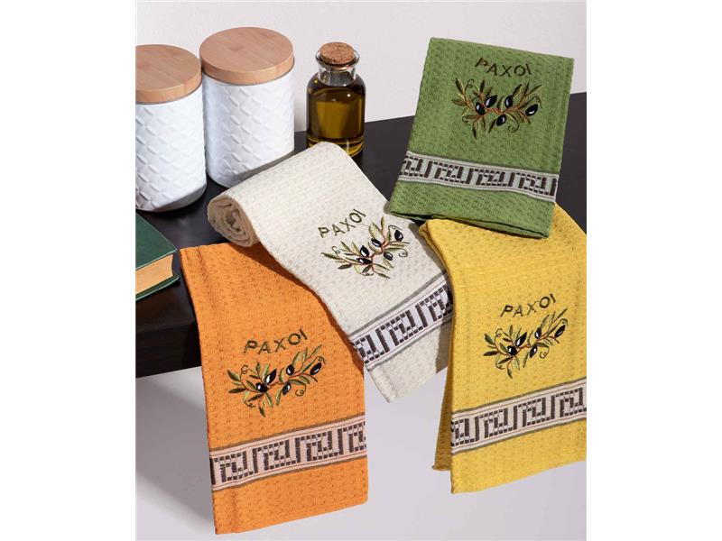 Σετ 12 τεμαχίων ποτηρόπανα (45cm x 65cm) κλαδί ελιάς χρωματιστό PAXOI