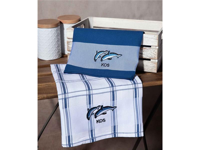 Σετ 2 τεμαχίων ποτηρόπανα (50cm x 70cm) μπλέ δελφίνι KOS