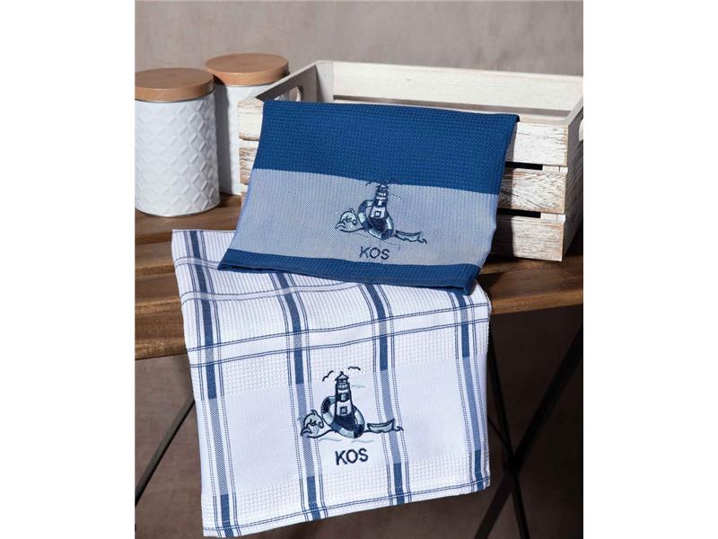 Σετ 2 τεμαχίων ποτηρόπανα (50cm x 70cm) μπλέ φάρος KOS