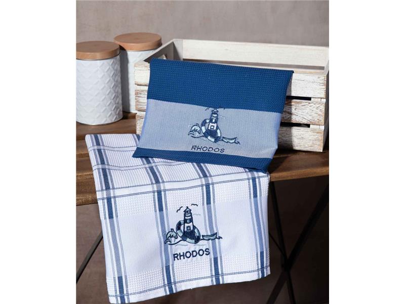 Σετ 2 τεμαχίων ποτηρόπανα (50cm x 70cm) μπλέ φάρος RHODES
