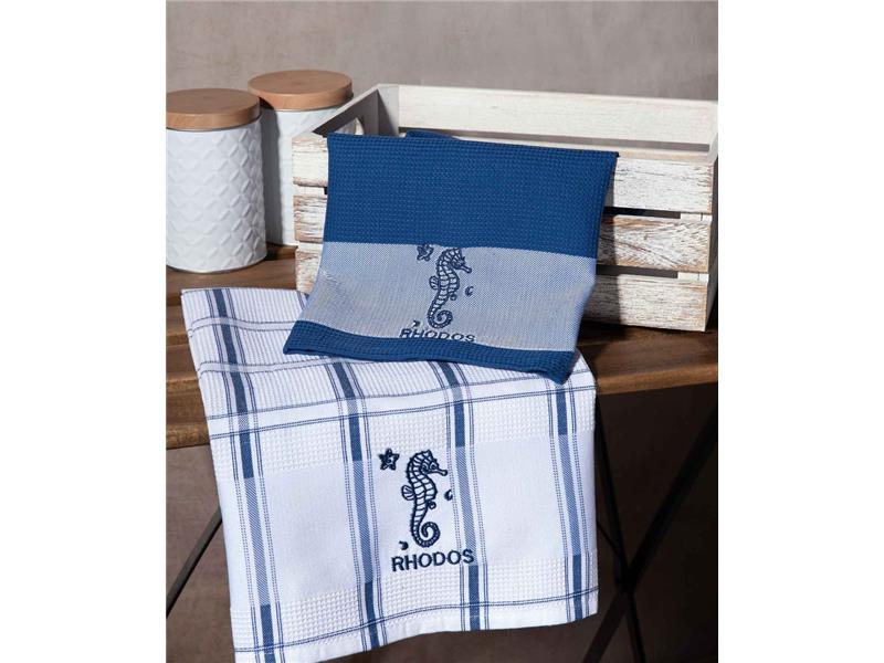 Σετ 2 τεμαχίων ποτηρόπανα (50cm x 70cm) μπλέ ιππόκαμπος RHODES
