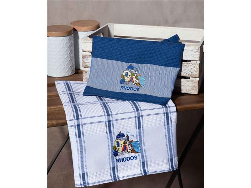 Σετ 2 τεμαχίων ποτηρόπανα (50cm x 70cm) μπλέ εκκλησία RHODES