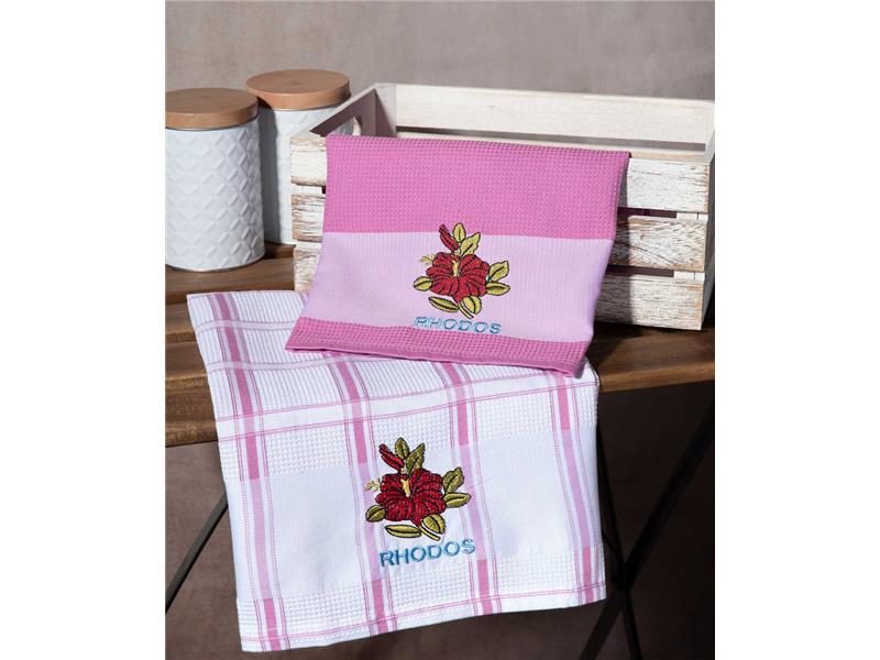 Σετ 2 τεμαχίων ποτηρόπανα (50cm x 70cm) ρόζ λουλούδι RHODES