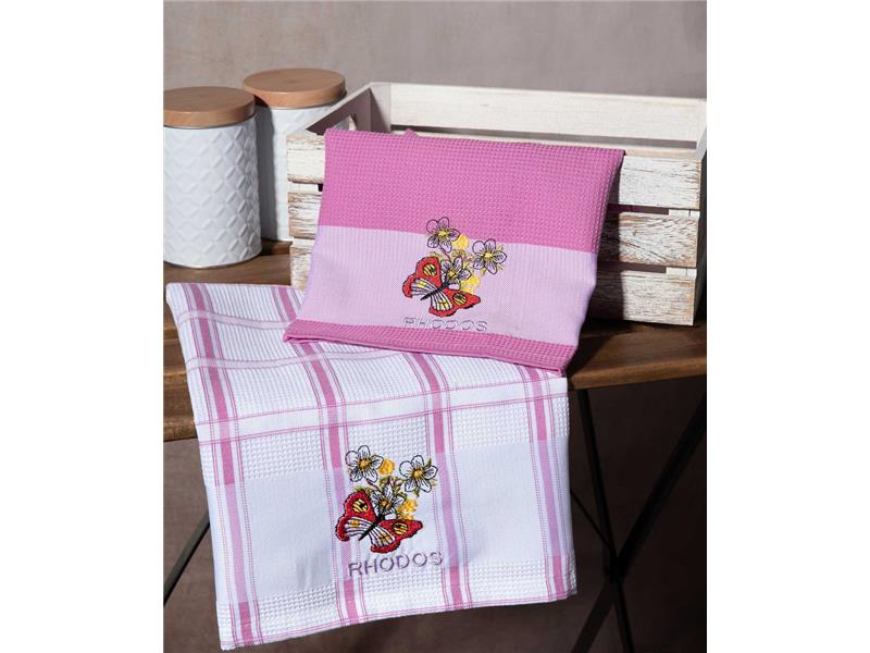 Σετ 2 τεμαχίων ποτηρόπανα (50cm x 70cm) ρόζ πεταλούδα RHODES