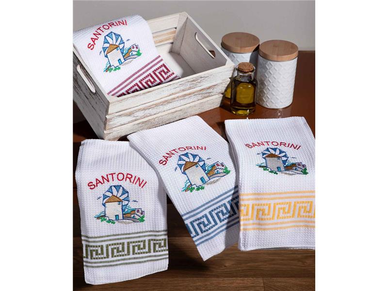Σετ 12 τεμαχίων ποτηρόπανα (50cm x 70cm) ανεμόμυλος SANTORINI
