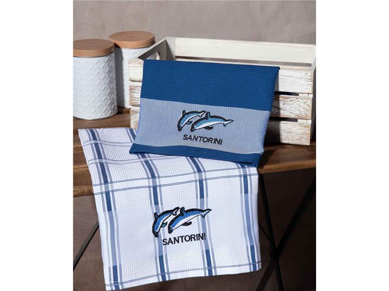 Σετ 2 τεμαχίων ποτηρόπανα (50cm x 70cm) μπλέ δελφίνι SANTORINI