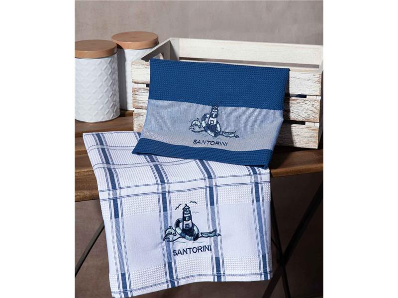 Σετ 2 τεμαχίων ποτηρόπανα (50cm x 70cm) μπλέ φάρος SANTORINI