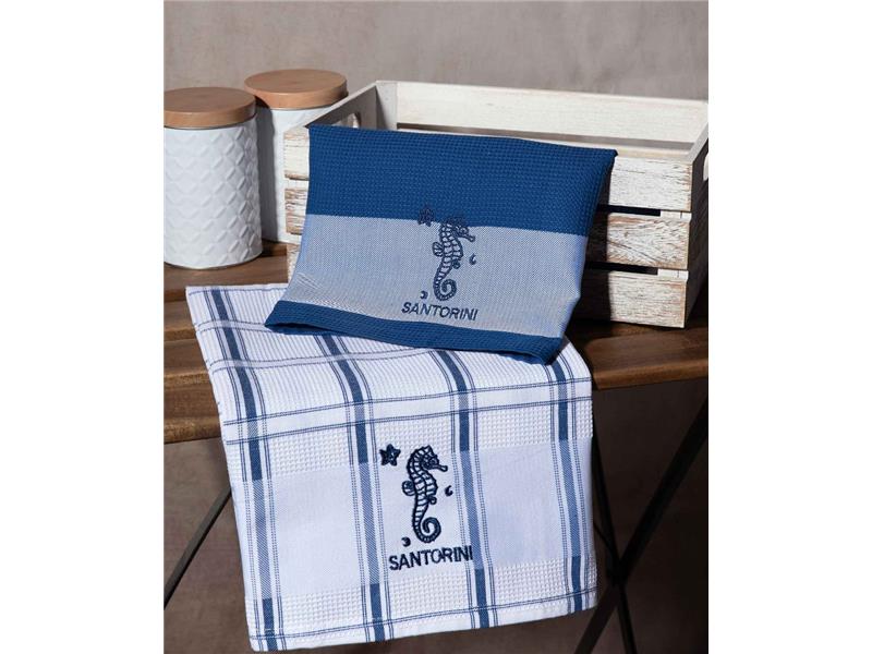 Σετ 2 τεμαχίων ποτηρόπανα (50cm x 70cm) μπλέ ιππόκαμπος SANTORINI