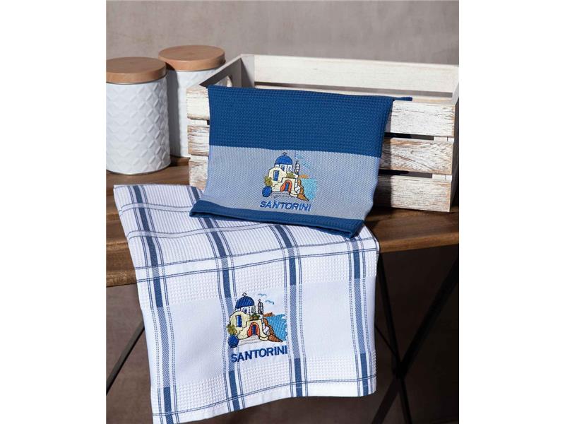 Σετ 2 τεμαχίων ποτηρόπανα (50cm x 70cm) μπλέ εκκλησία SANTORINI